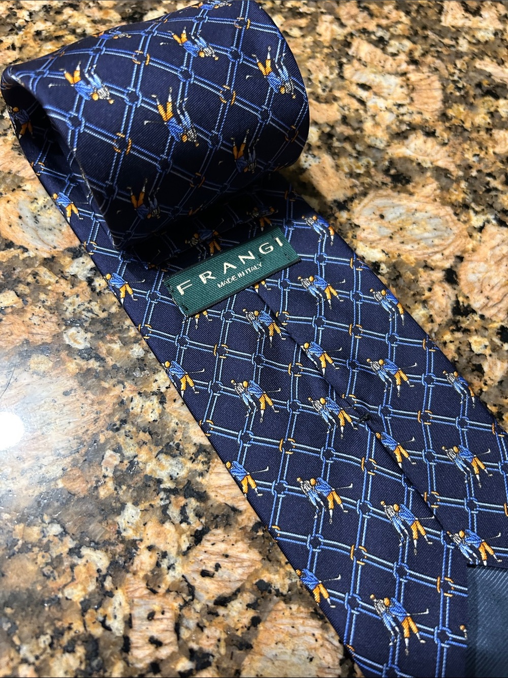 Navy Patterned Silk Tie with Blue and Gold Motif